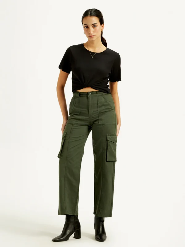 Women's High Rise Olive Wide Leg Cargo Trousers